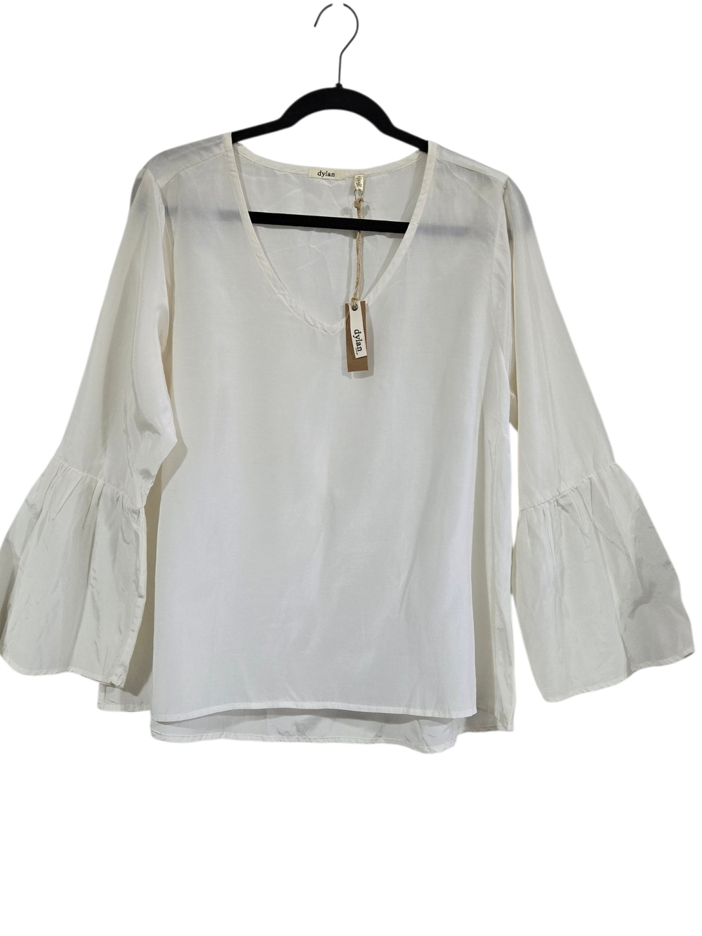 Dylan Silk Blend Bell Sleeve V-Neck Blouse Cream L New